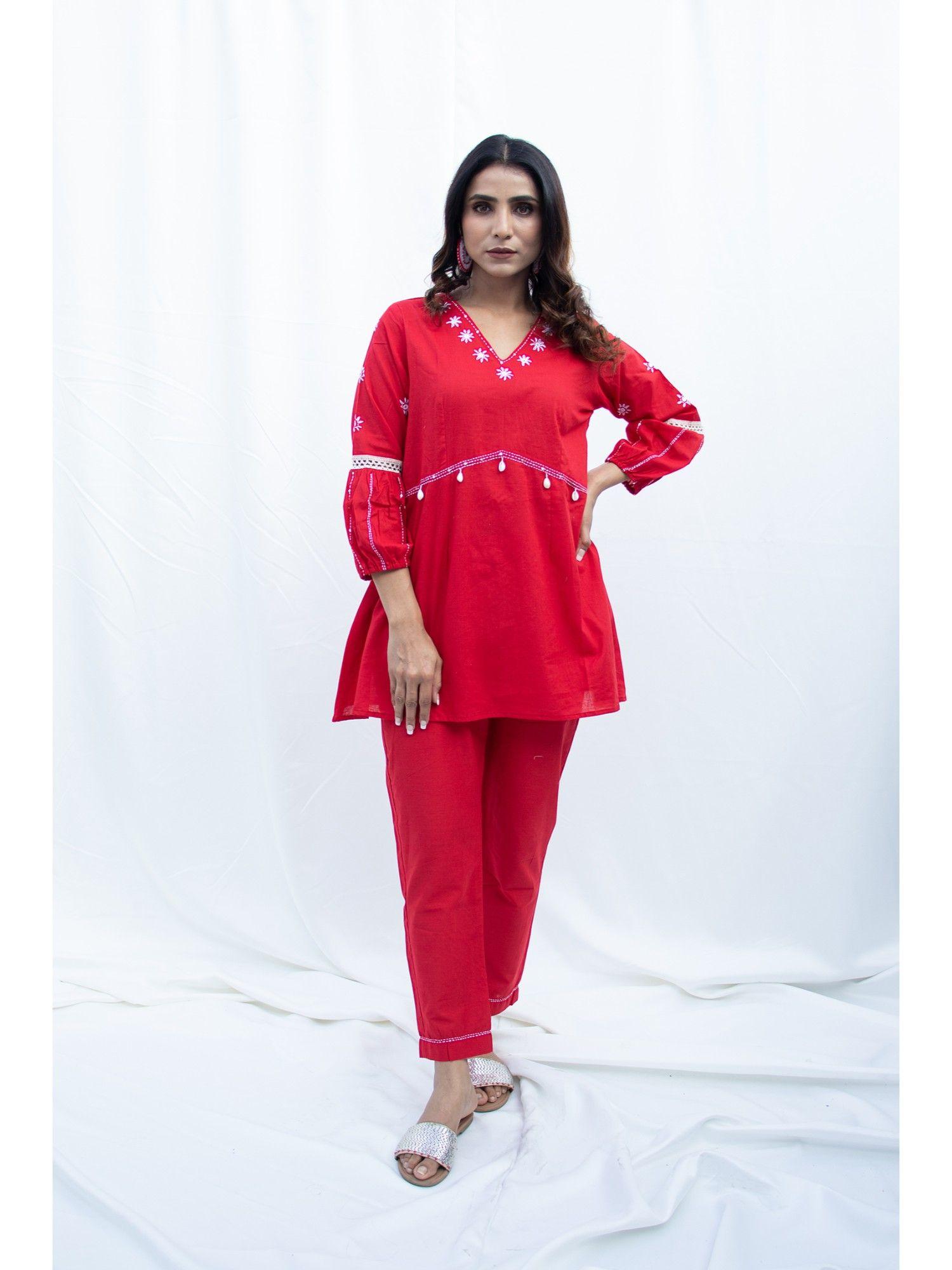 mina - ruby cotton co-ord set with katha embroidery (set of 2)