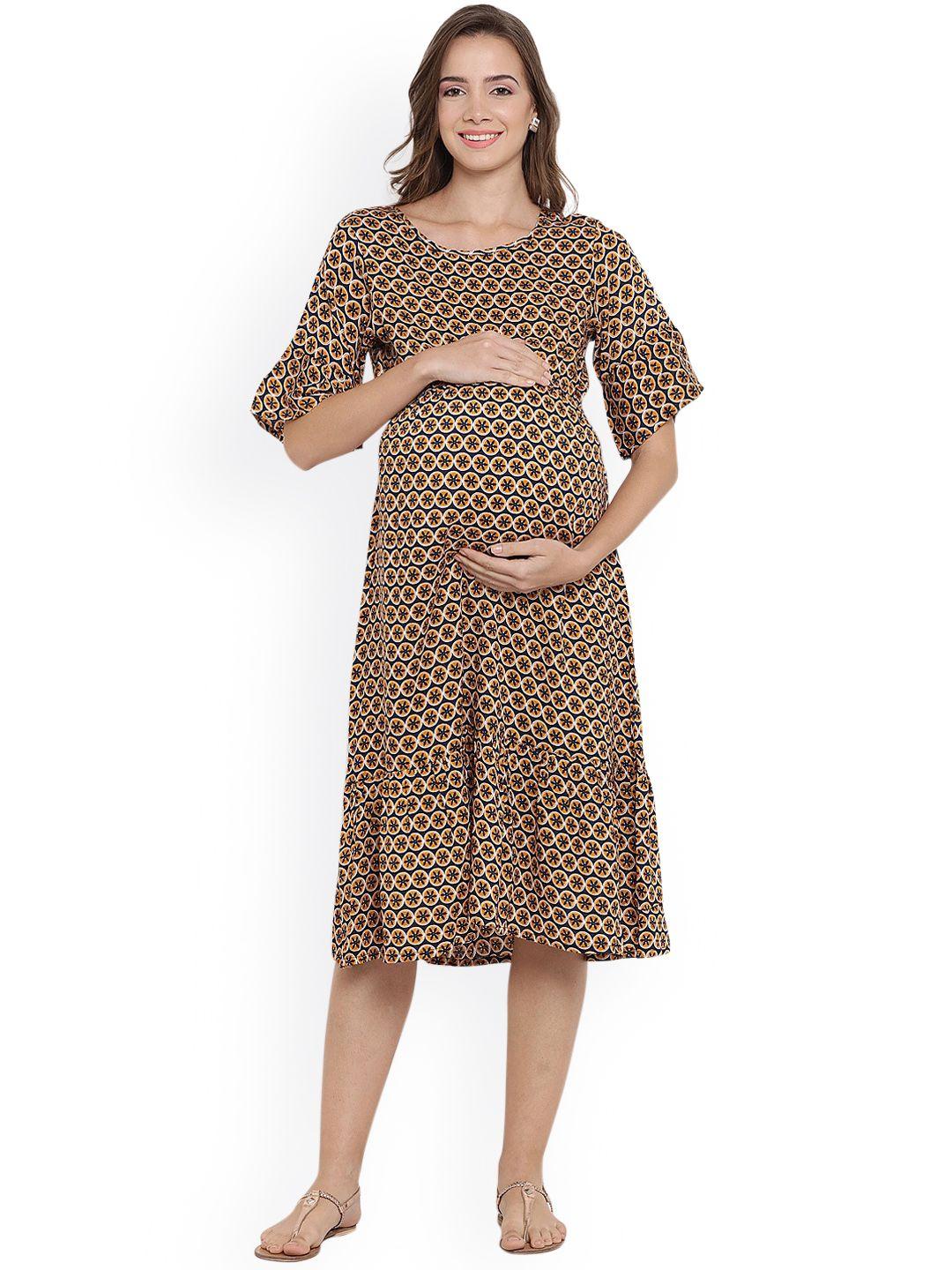 mine4nine beige & blue geometric printed maternity midi a-line dress