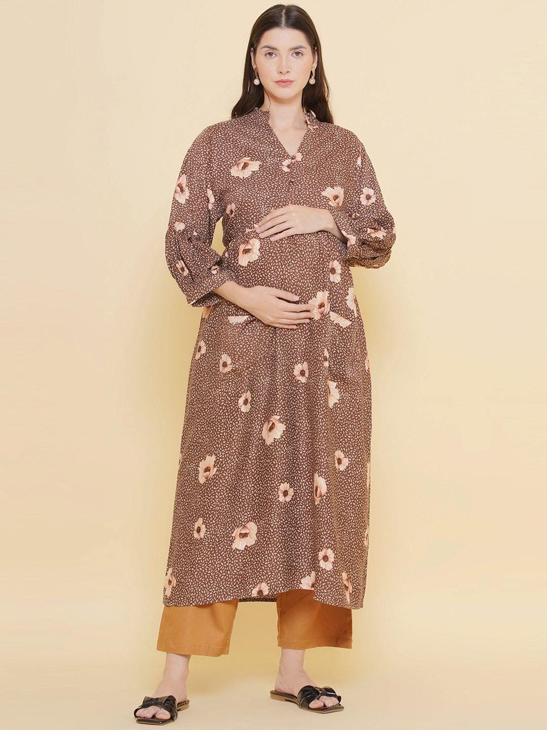 mine4nine women brown floral printed regular kurta with pyjamas