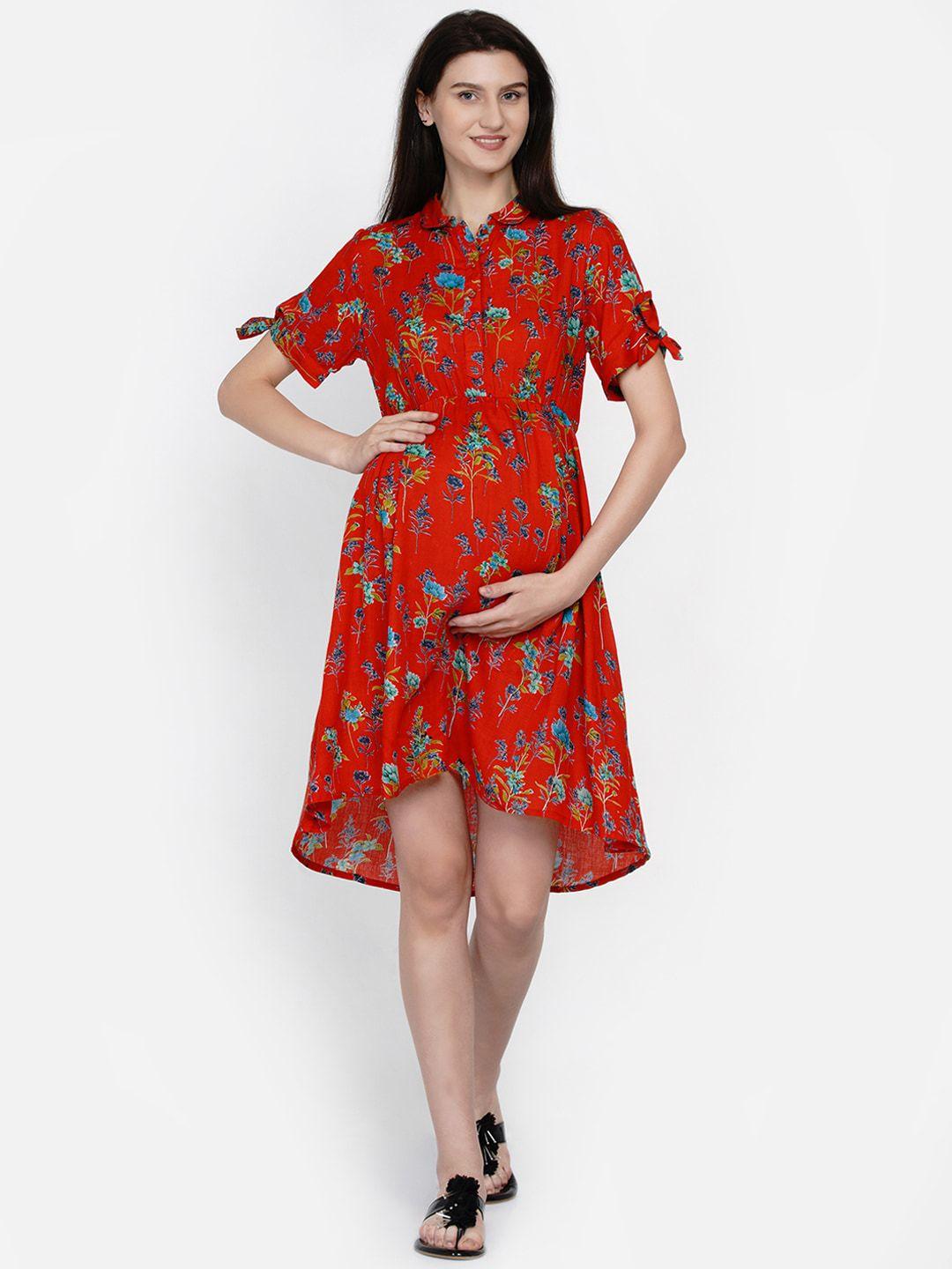 mine4nine women red floral printed maternity fit & flare dress