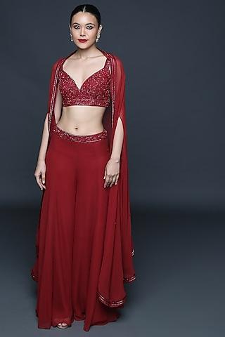 mineral red georgette & modal embroidered cape set