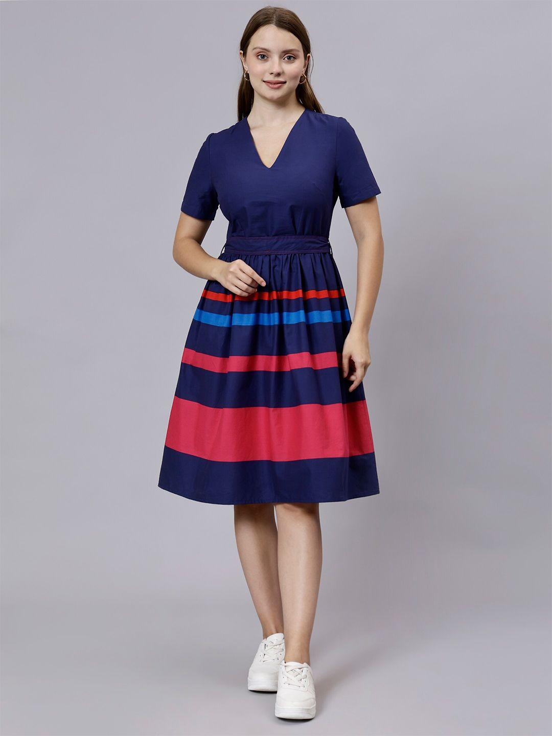 minglay striped v-neck short sleeves gathered cotton fit & flare dress