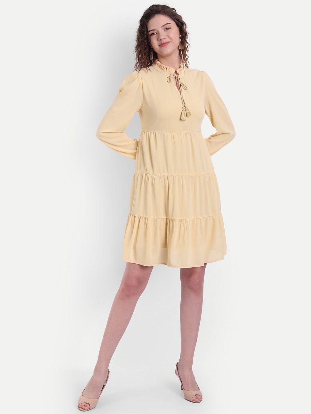 minglay beige tie-up neck georgette a-line dress