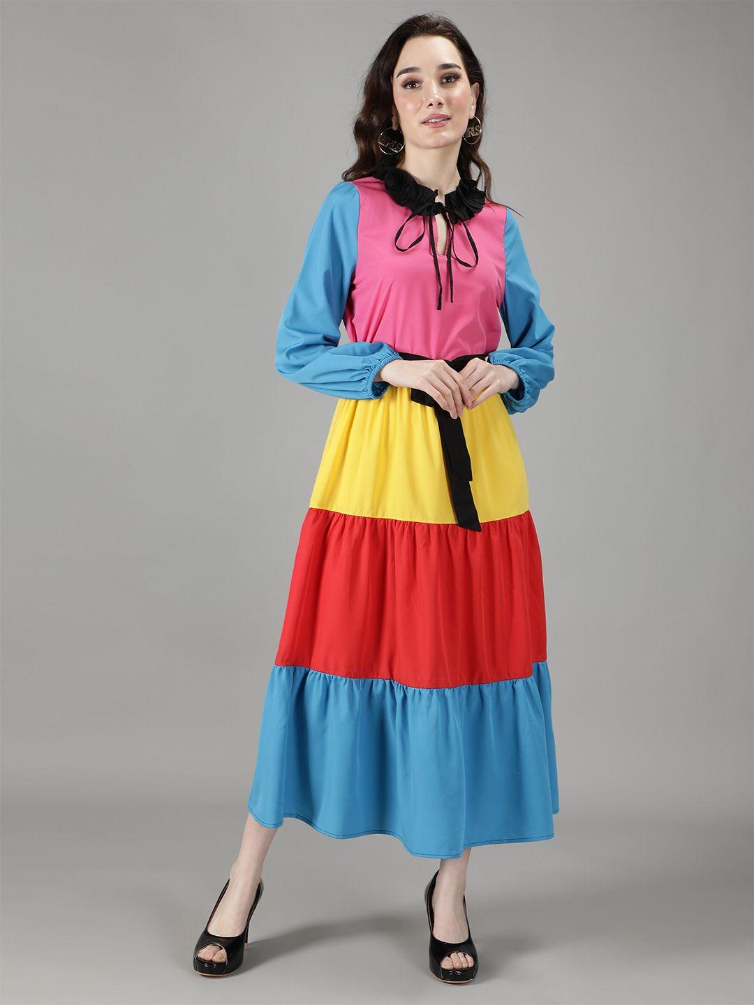 minglay blue colourblocked tie-up neck crepe maxi dress