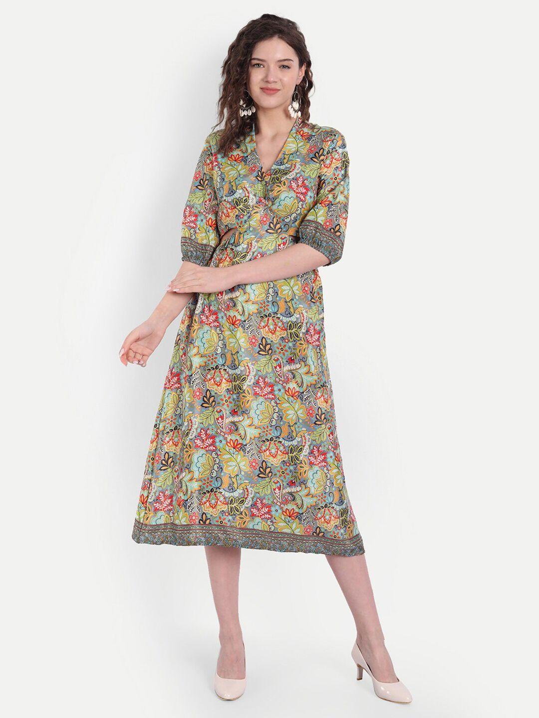 minglay green & grey ethnic motifs crepe a-line midi dress