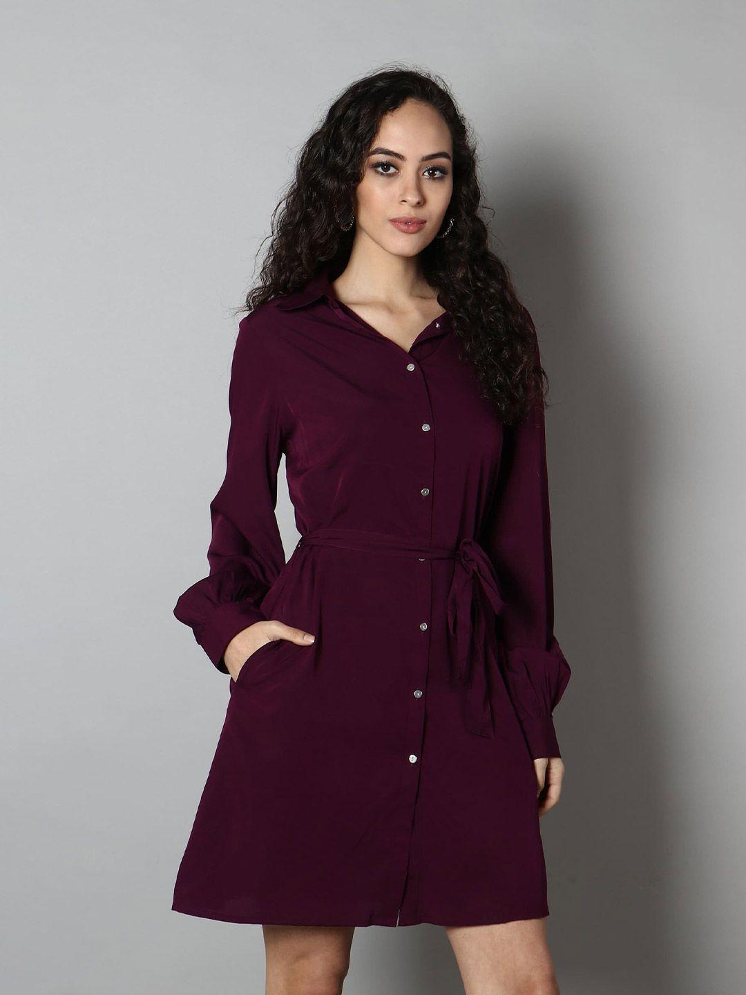 minglay maroon crepe solid shirt dress with tie up