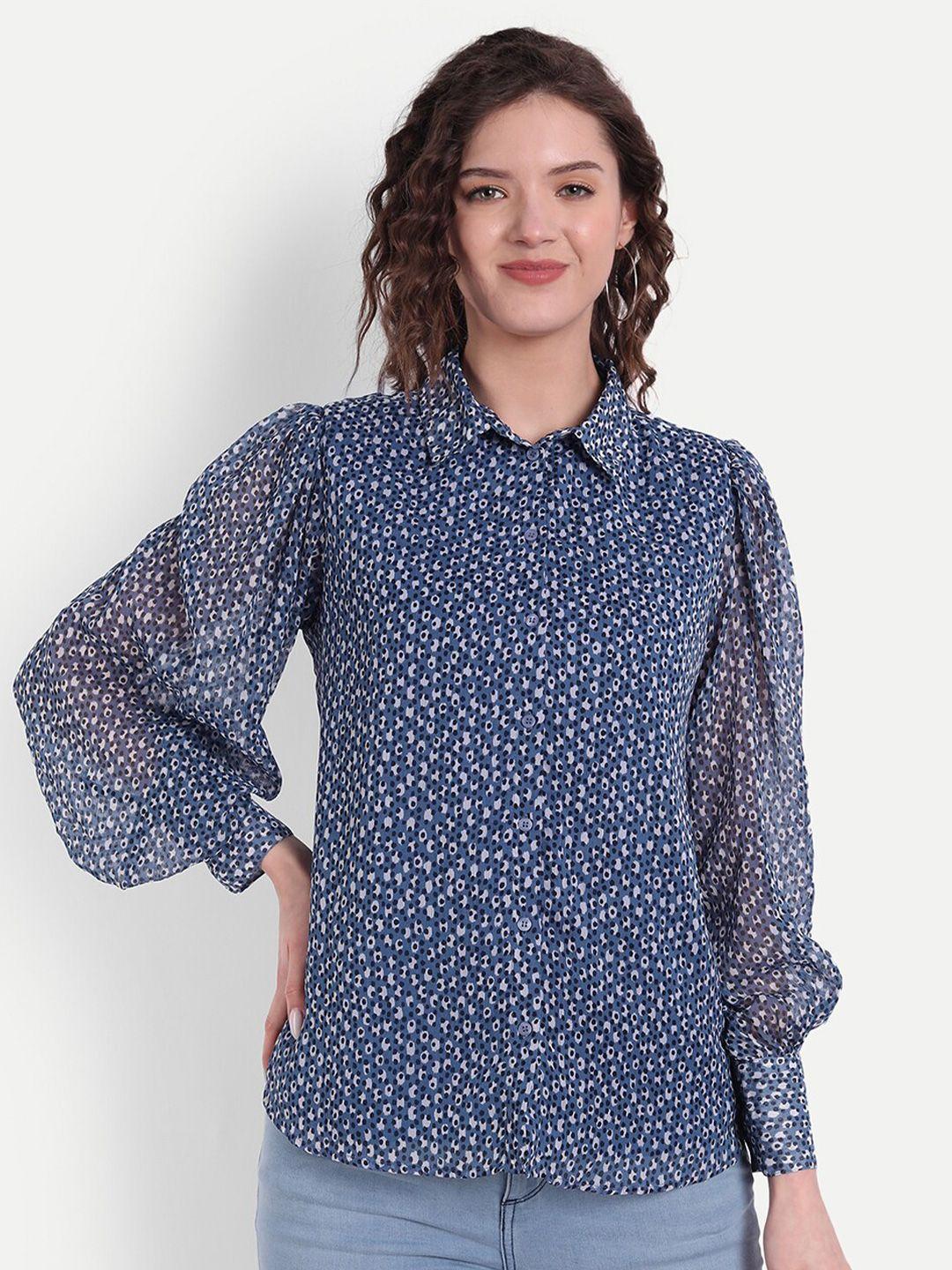 minglay navy blue polka dots printed chiffon shirt style top