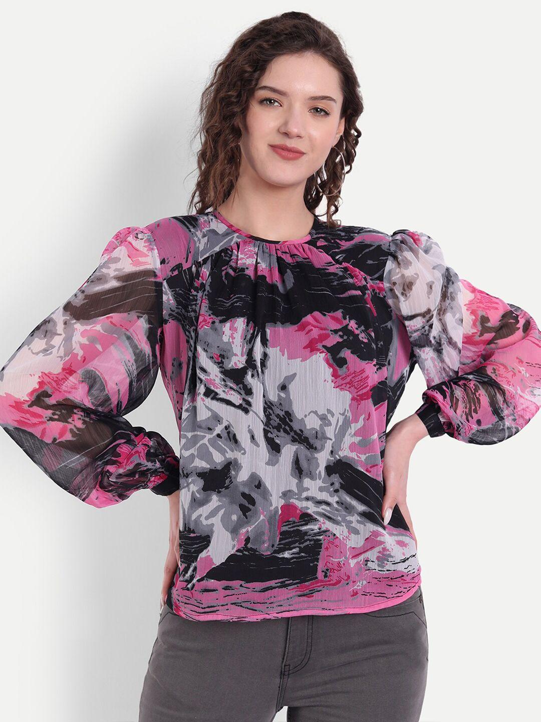 minglay pink & black abstract print bishop sleeves chiffon top
