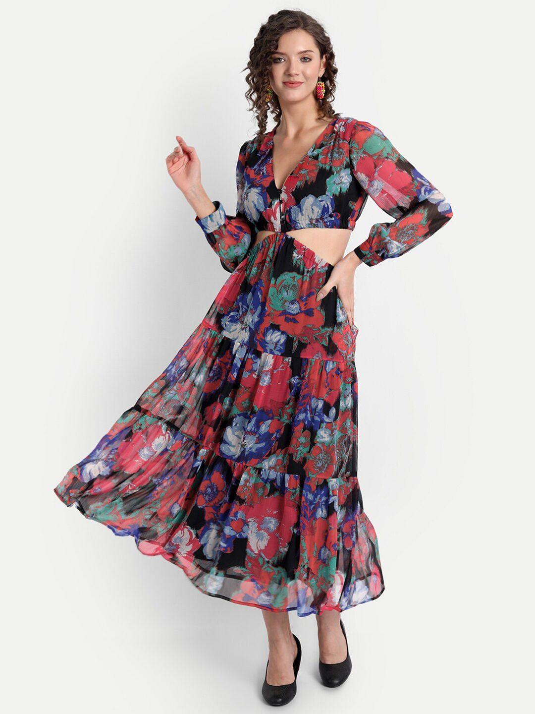 minglay women red & black floral chiffon maxi dress