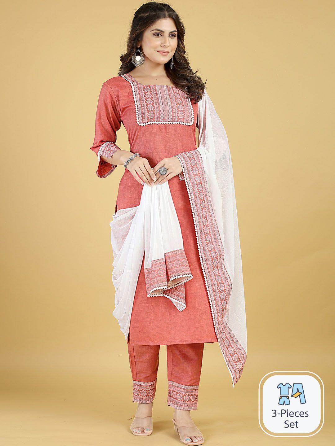 mingora ethnic motifs printed straight thread work kurta & trousers with dupatta