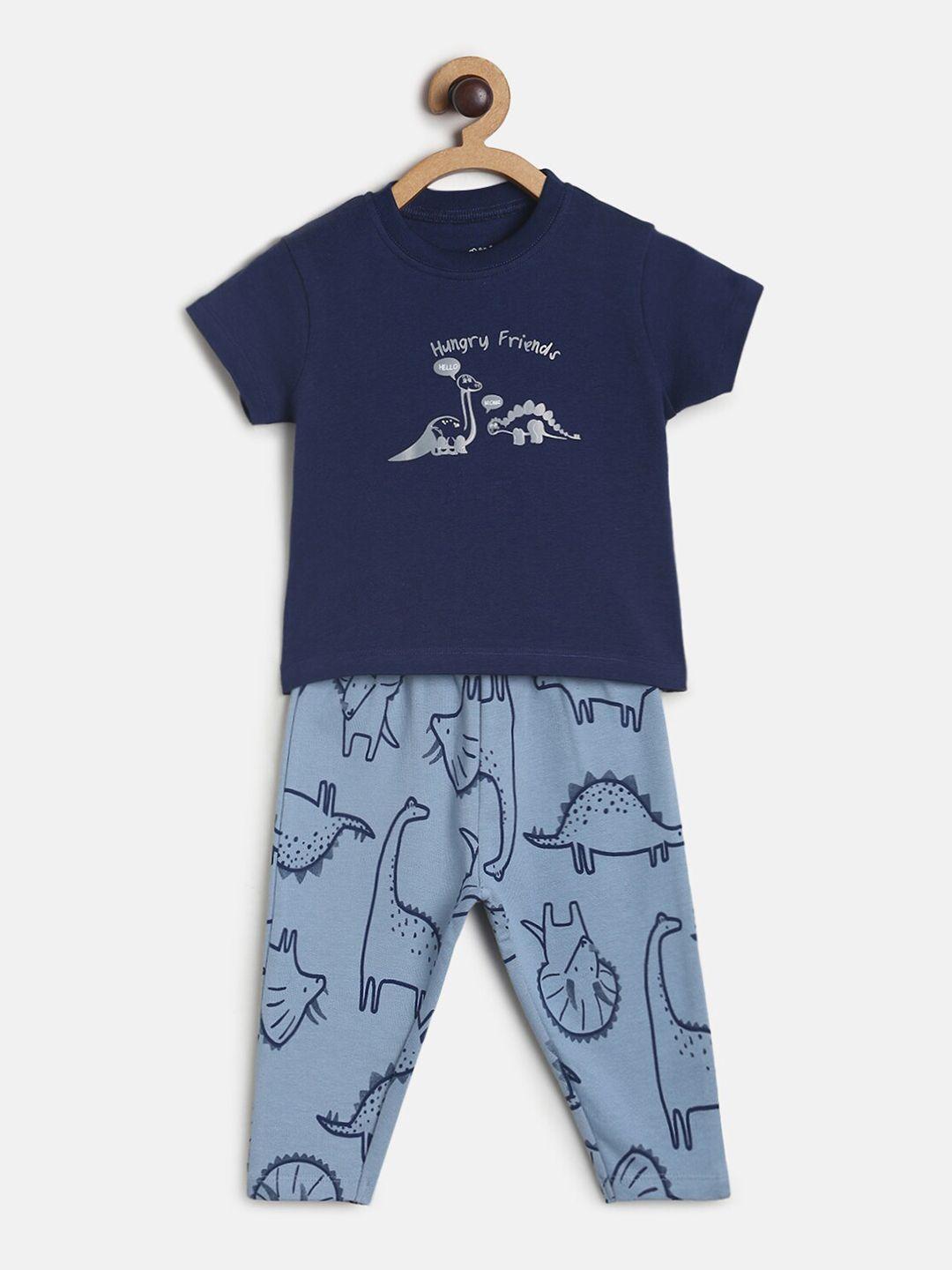 mini klub boys navy blue printed round neck pure cotton regular t-shirt with trousers