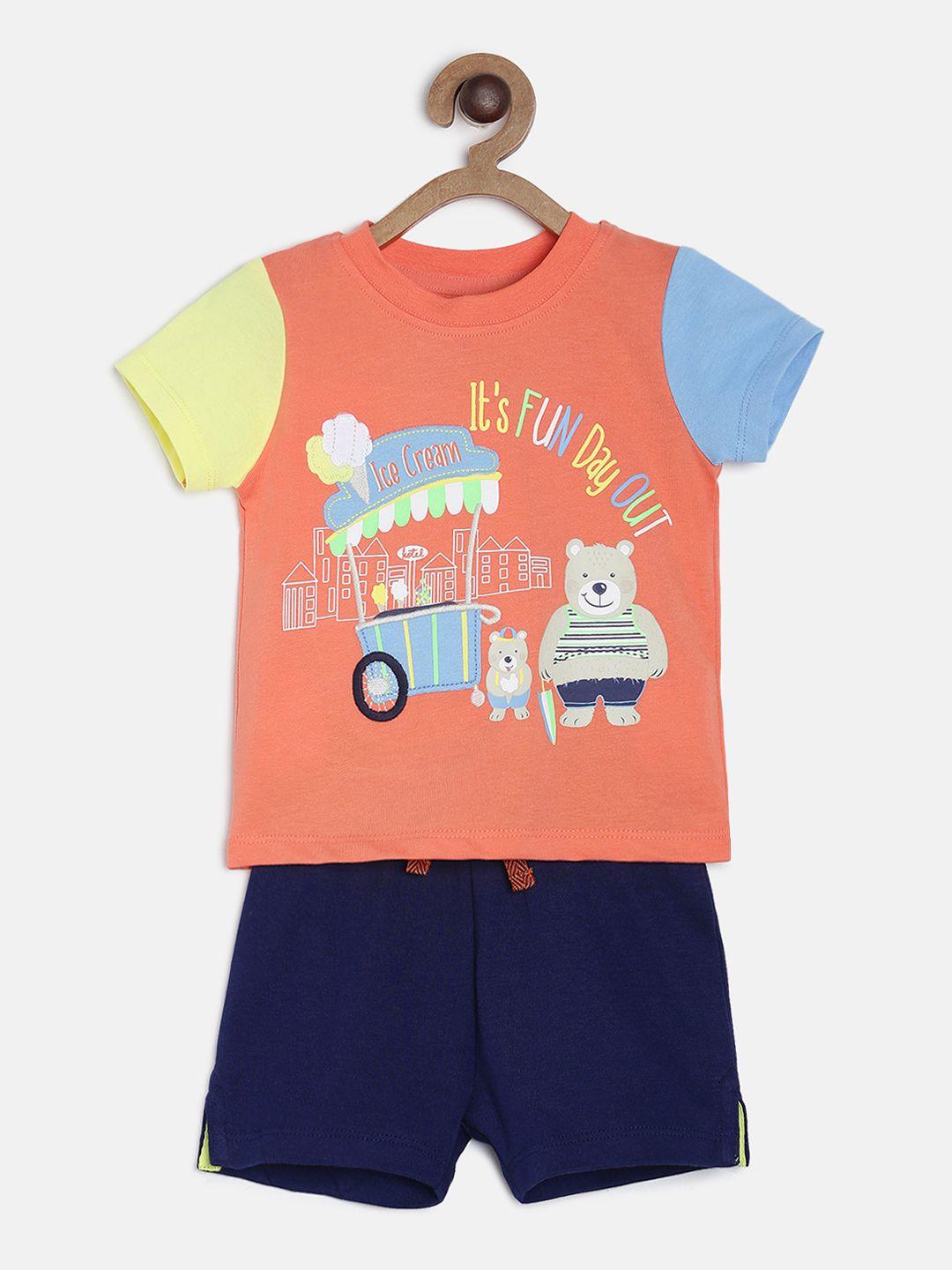 mini klub infant boys orange & navy blue printed t-shirt with shorts