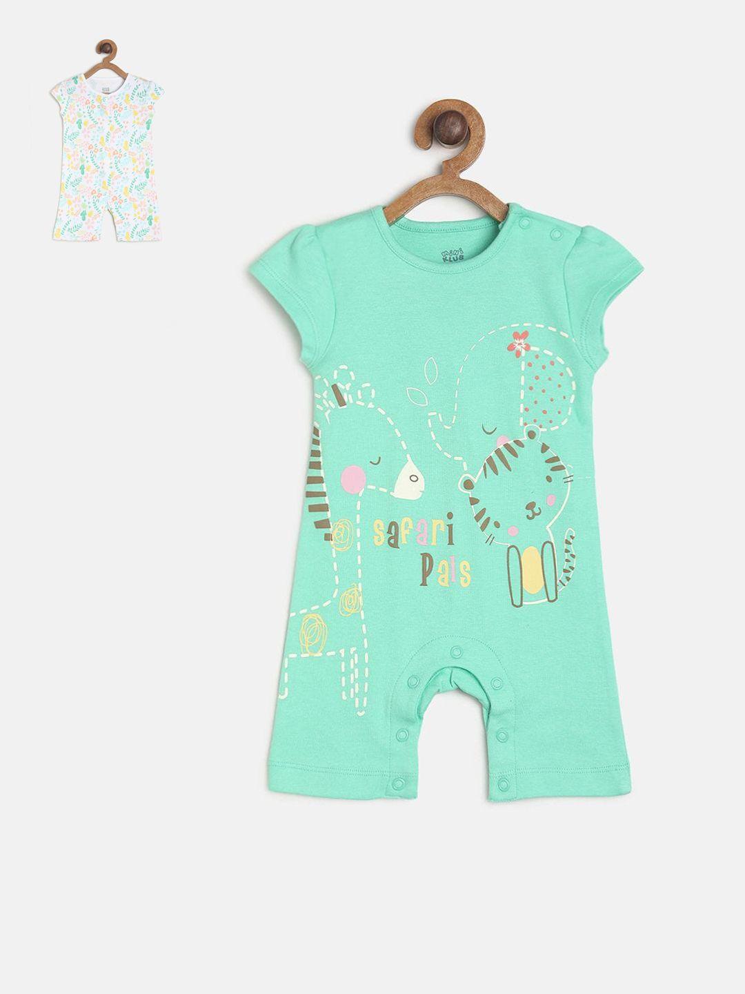 mini-klub-infant-girls-pack-of-2-sea-green-&-white-printed-pure-cotton-rompers