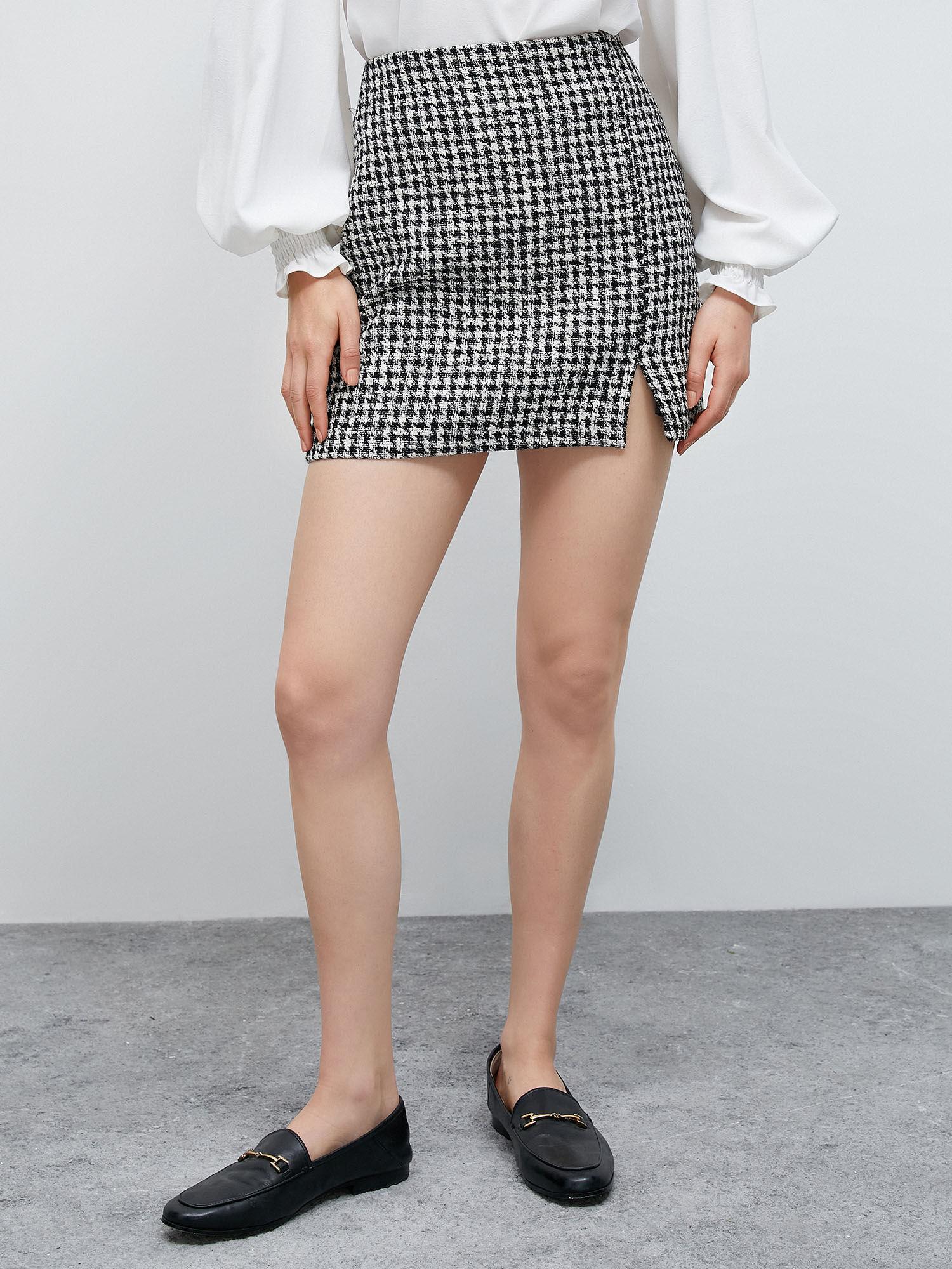 mini skirt houndstooth patterned slit detailed
