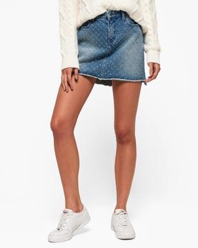 mini denim a-line skirt with embroidery