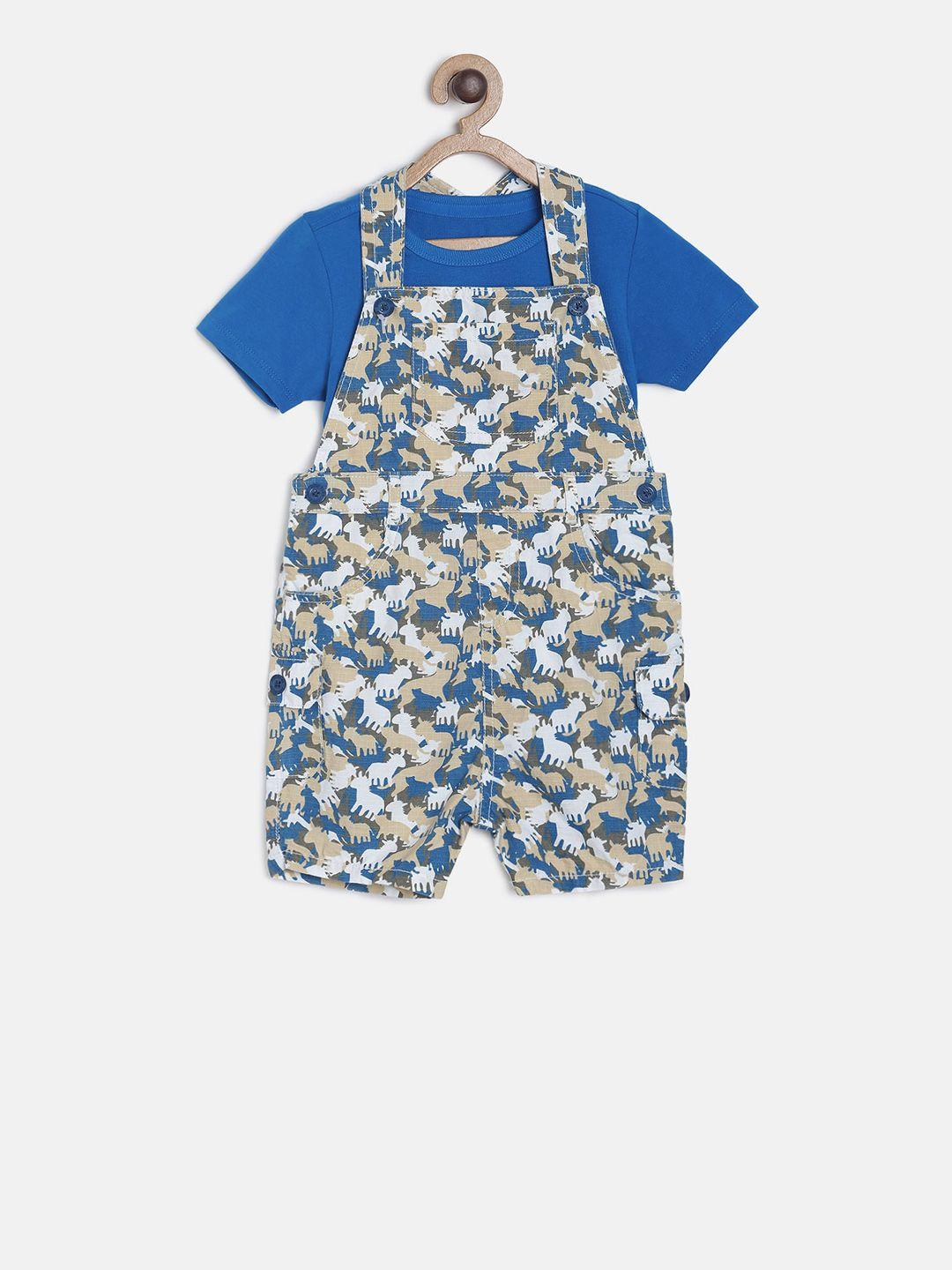 mini klub boys blue & beige solid t-shirt with printed dungarees shorts