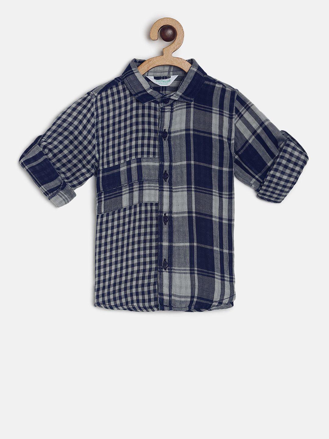 mini klub boys blue & grey regular fit checked casual shirt