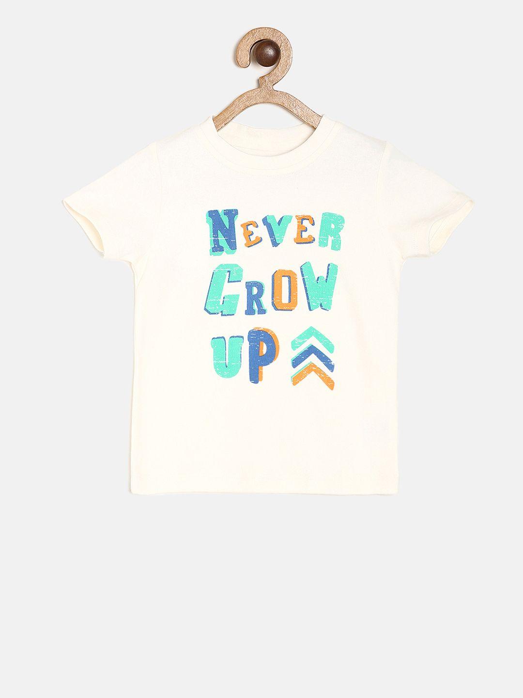 mini klub boys cream-coloured printed round neck pure cotton t-shirt