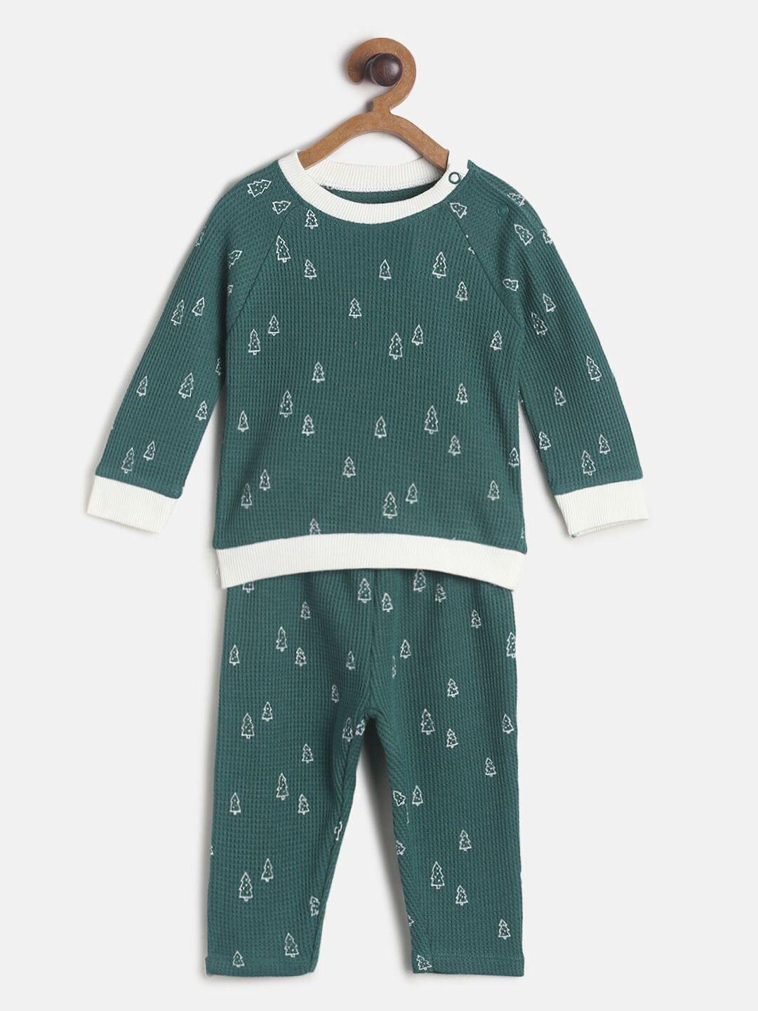 mini klub boys green & white pure cotton printed top with pyjamas