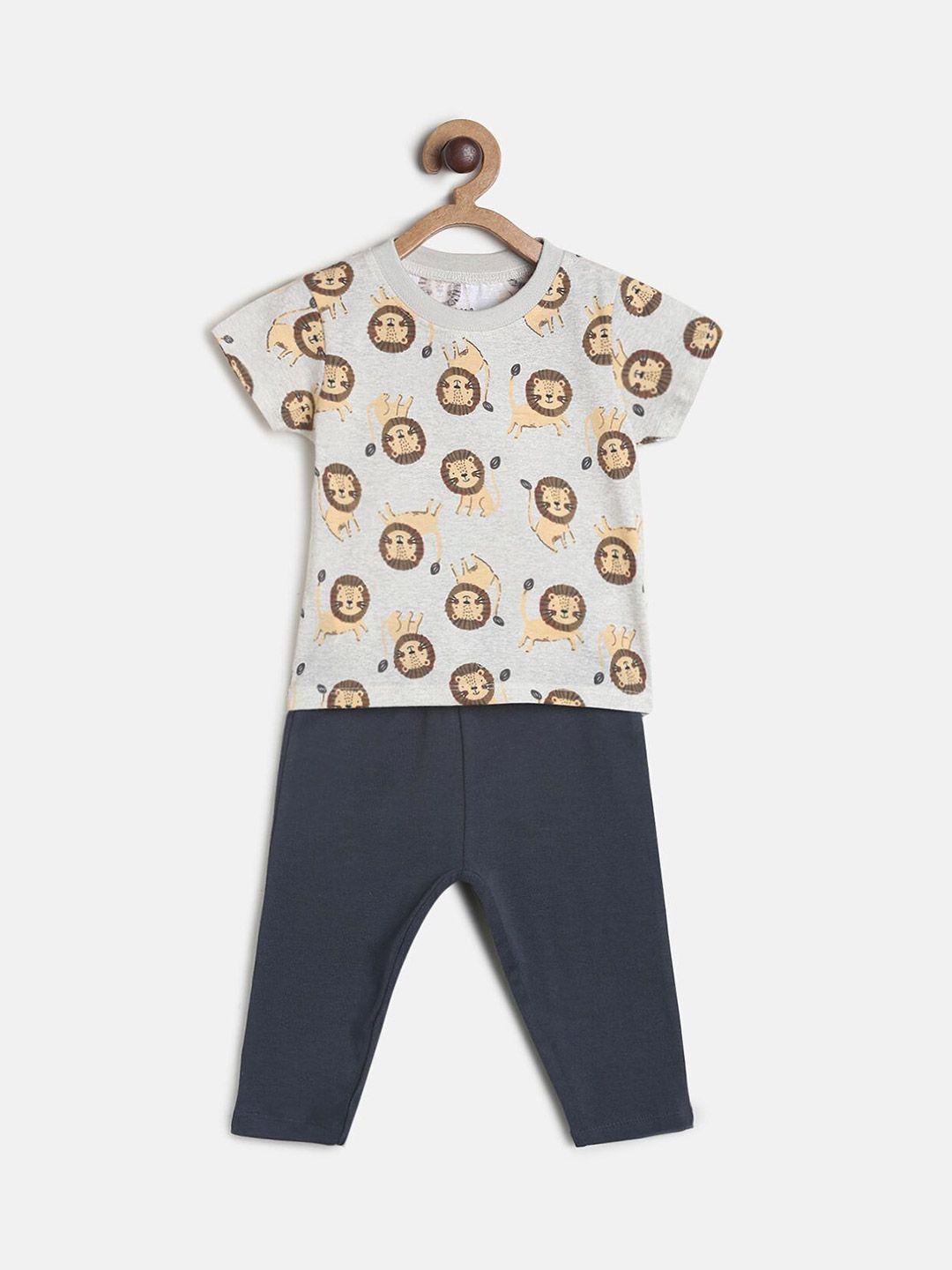 mini klub boys grey & navy blue printed pure cotton t-shirt with pyjamas