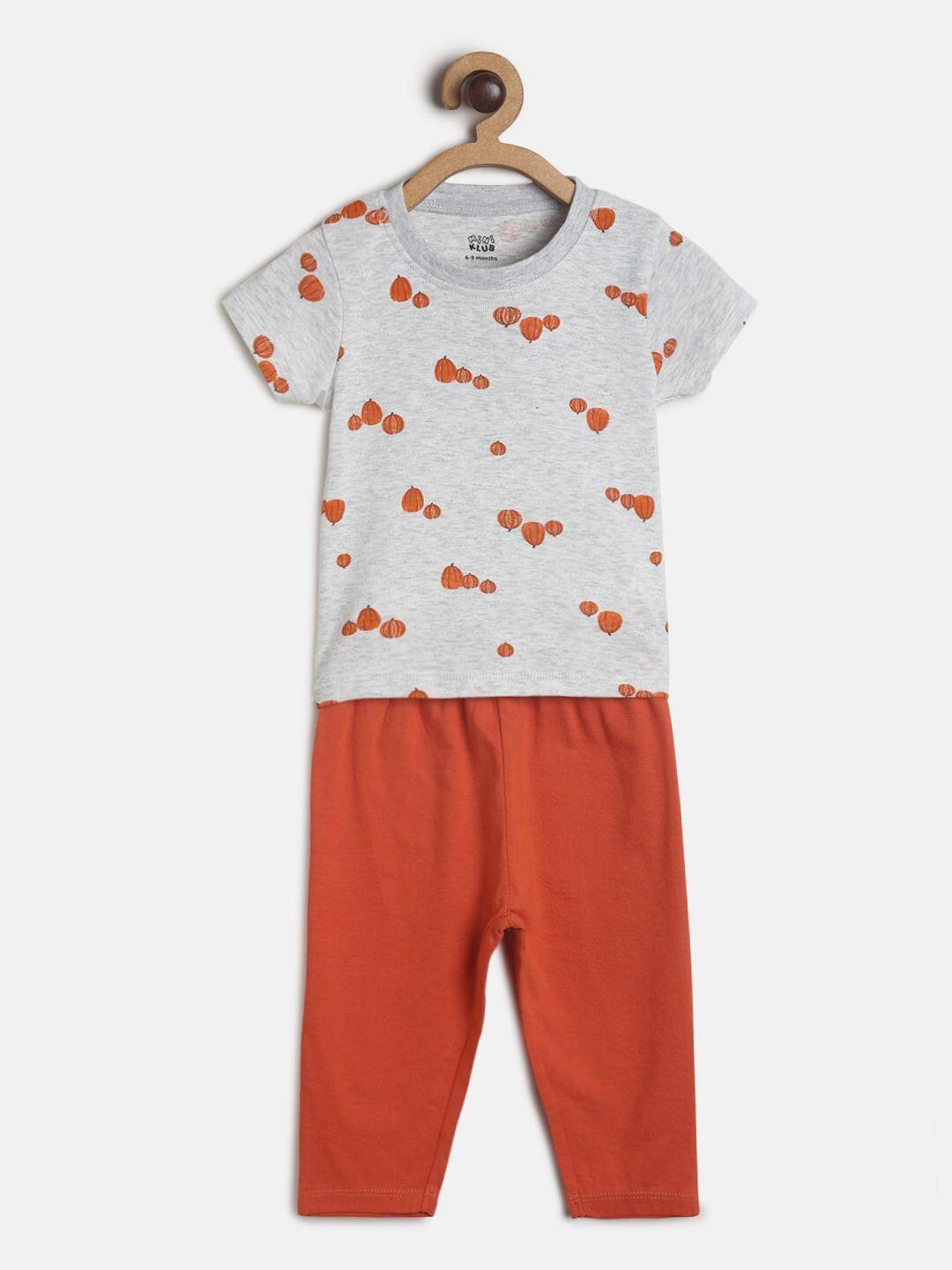 mini klub boys grey & orange printed cotton t-shirt with pyjamas