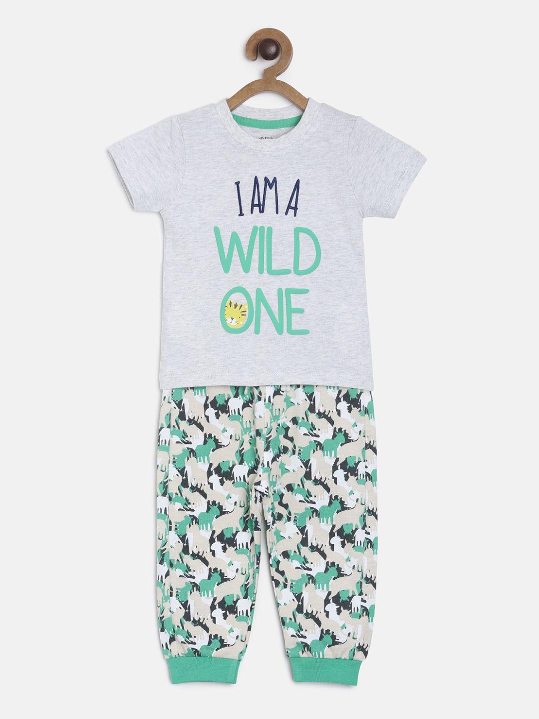 mini klub boys grey melange & green printed t-shirt with pyjamas