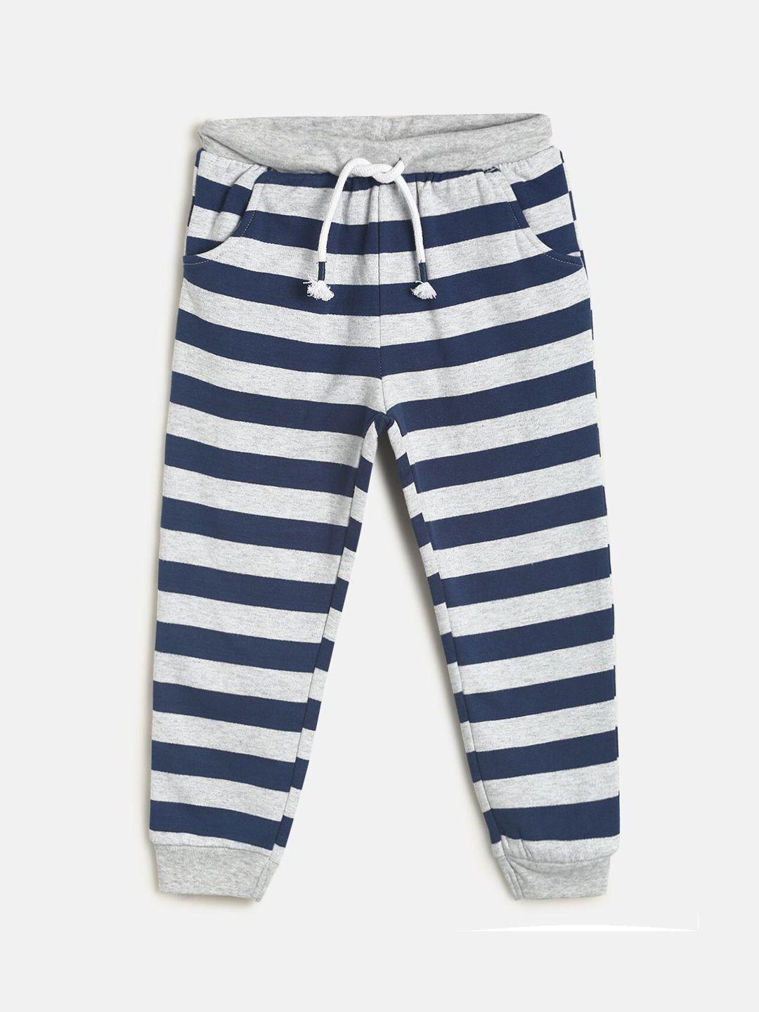 mini klub boys navy blue & grey striped pure cotton joggers
