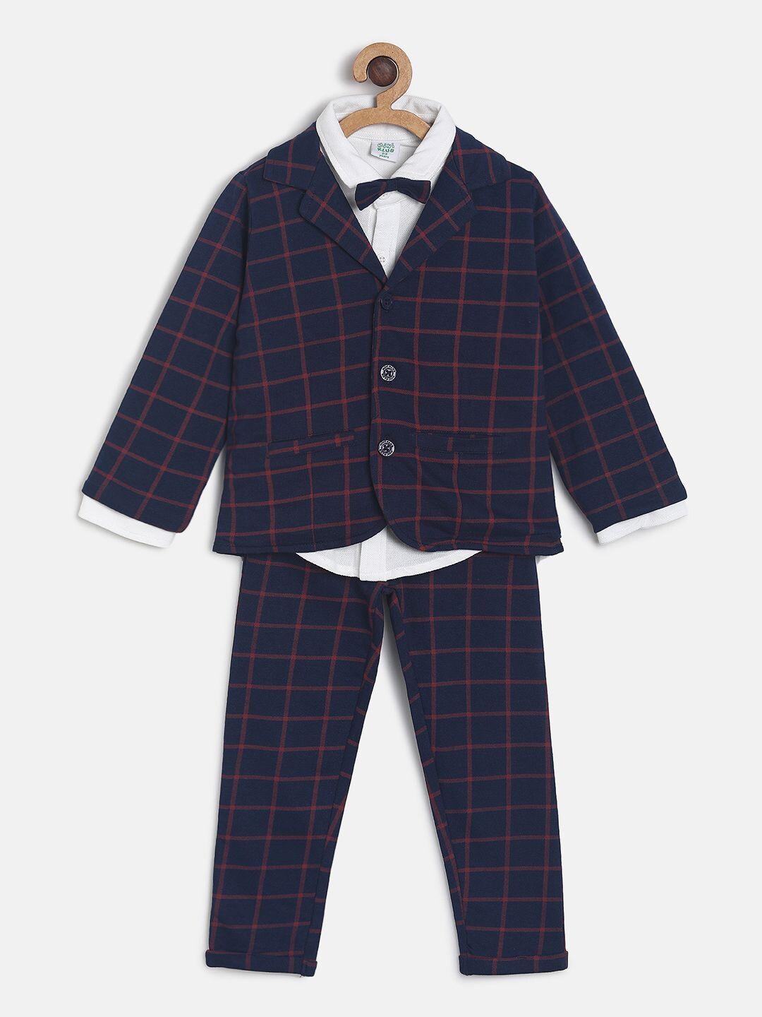 mini klub boys navy blue & red checked pure cotton coat with trousers