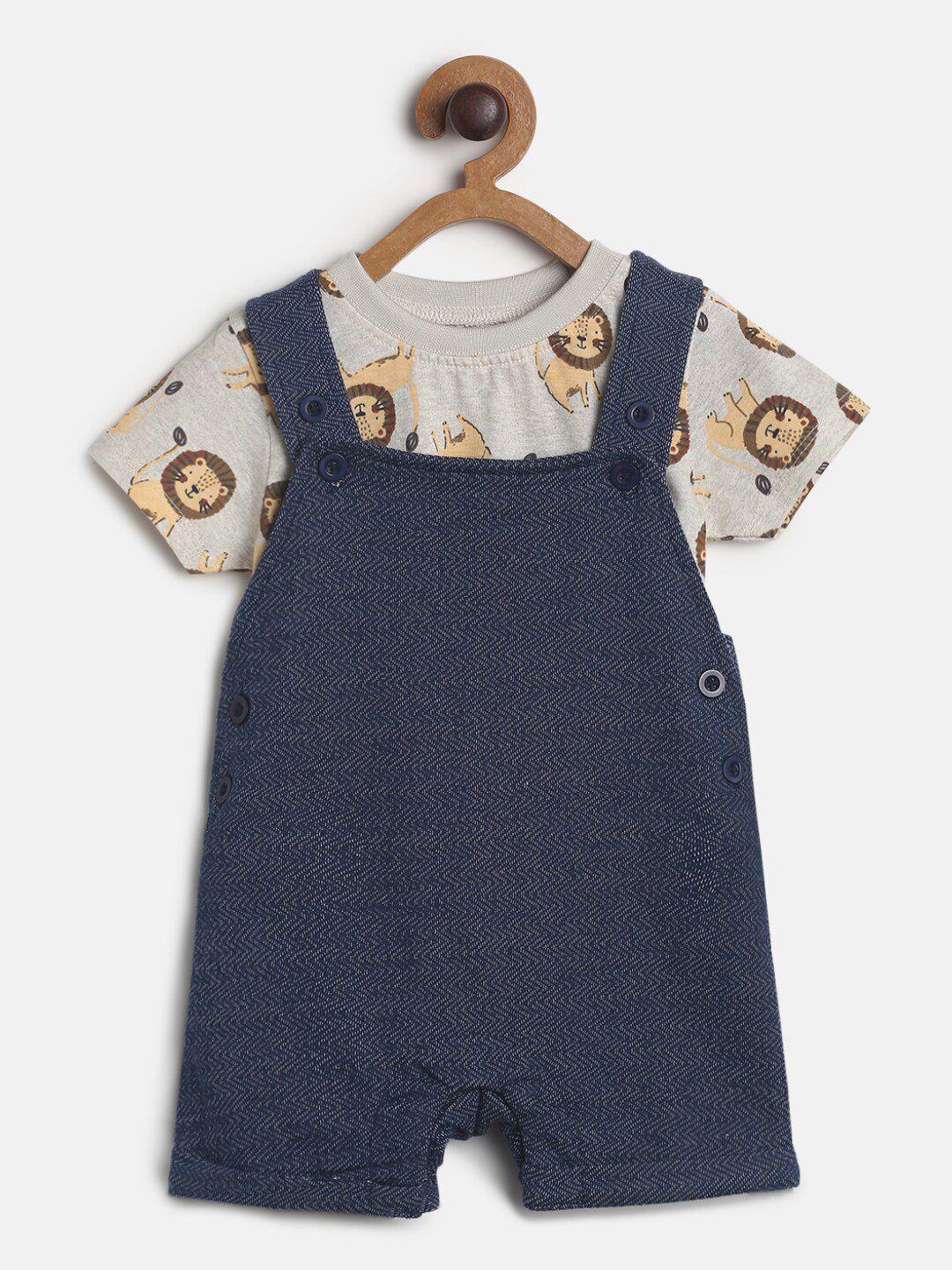 mini klub boys navy blue printed pure cotton t-shirt with dungaree