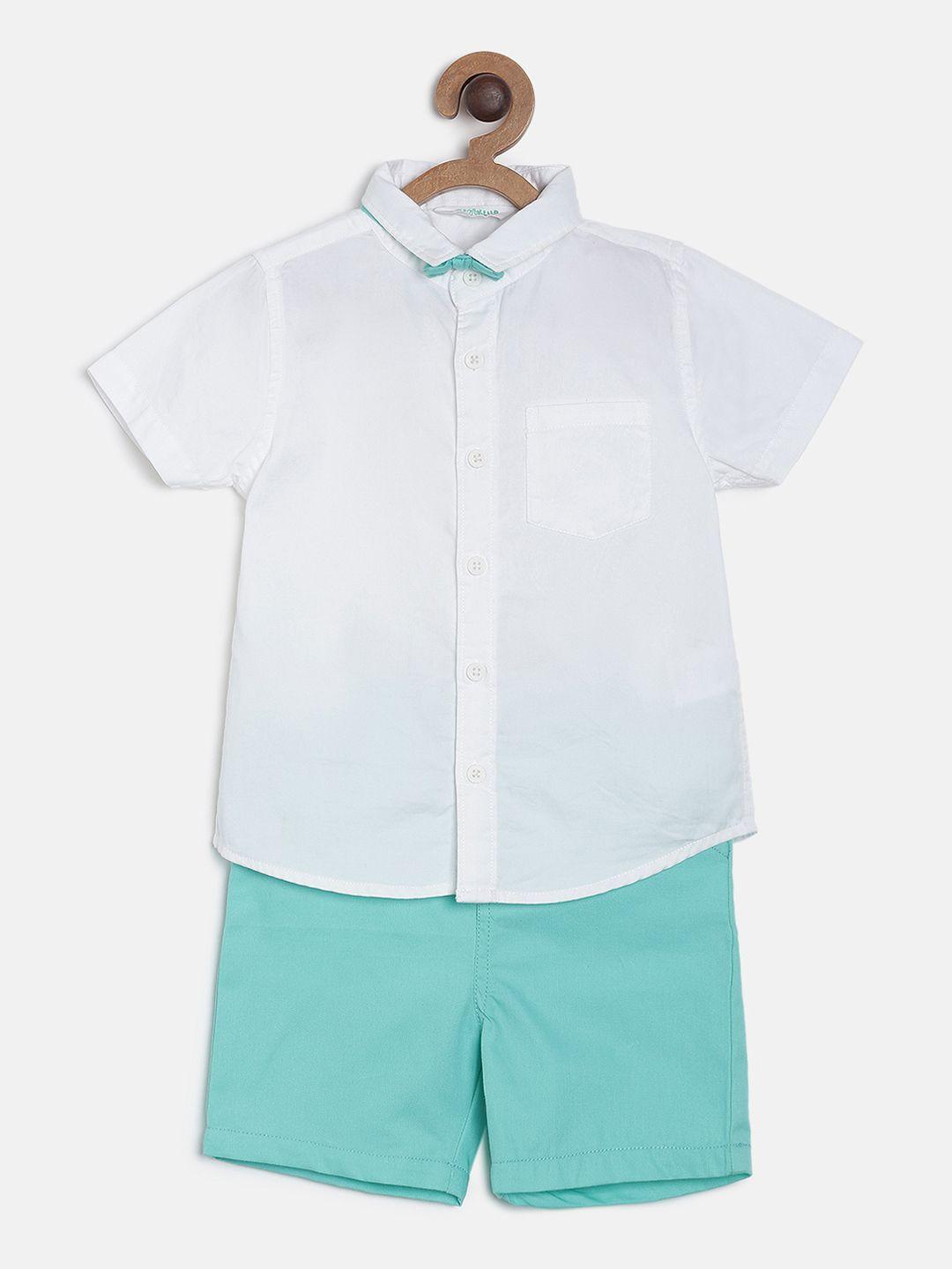 mini klub boys white & sea green solid shirt with capris & bow tie