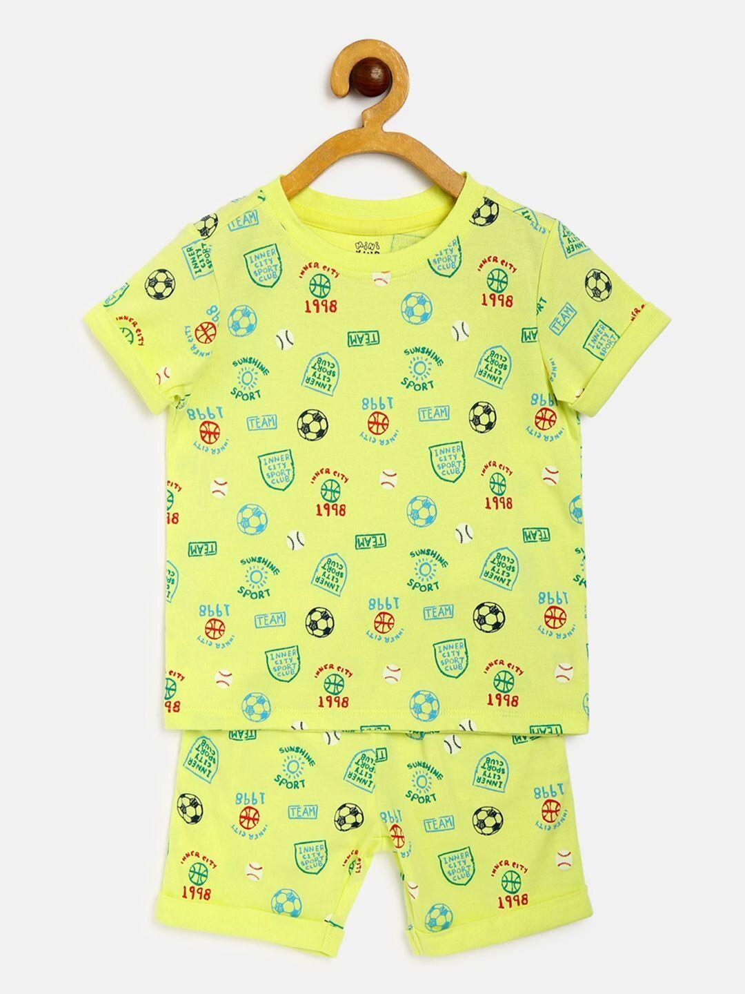 mini klub boys yellow & green organic cotton printed t-shirt with shorts