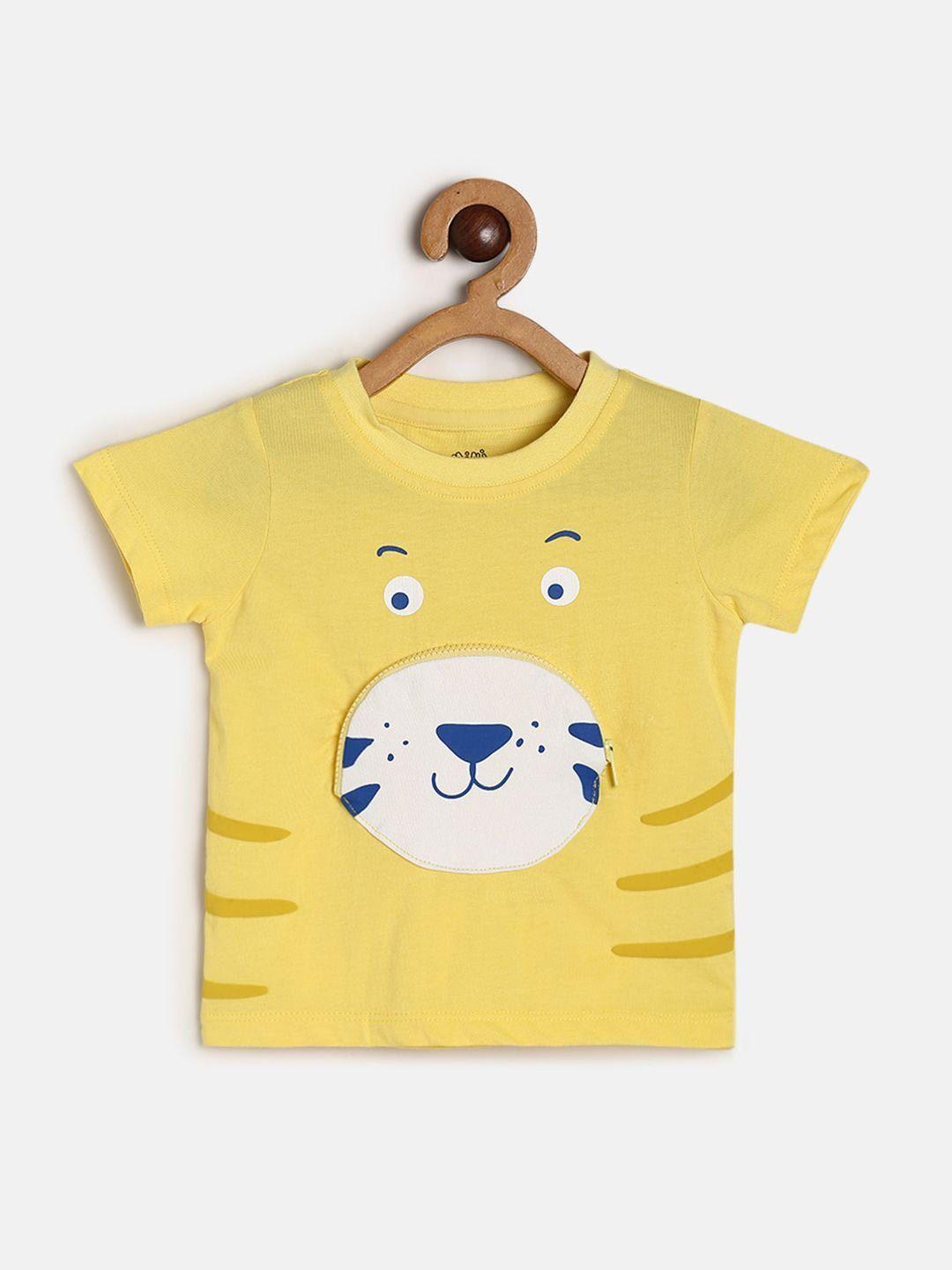 mini klub boys yellow printed applique round neck t-shirt