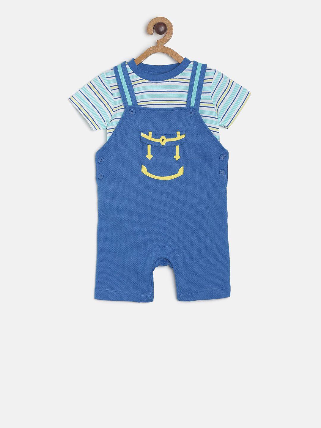mini klub infant boys blue printed romper with striped tshirt