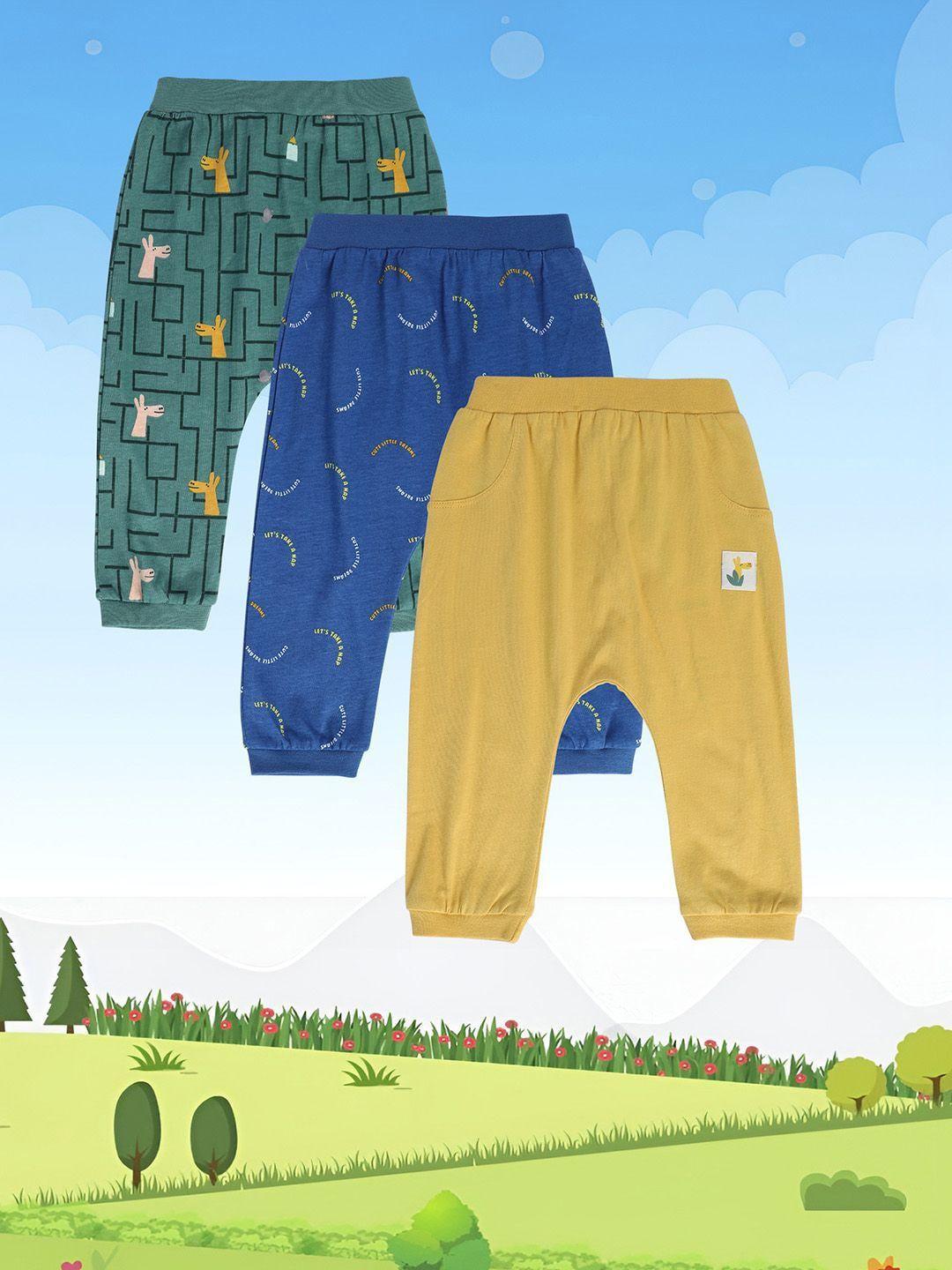 mini klub pack of 3 boys conversational printed easy wash cotton joggers trousers