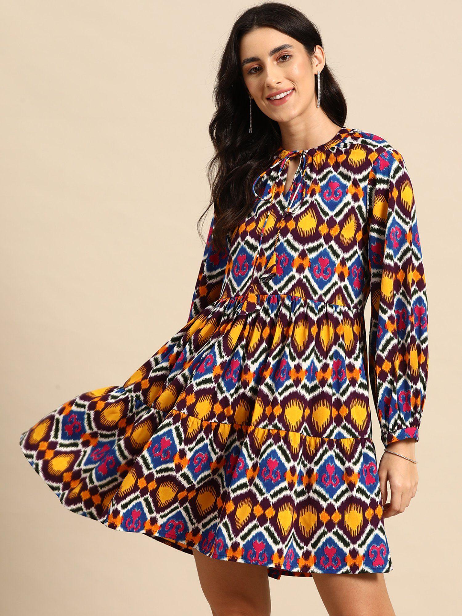 mini printed layered dress with balloon sleeve