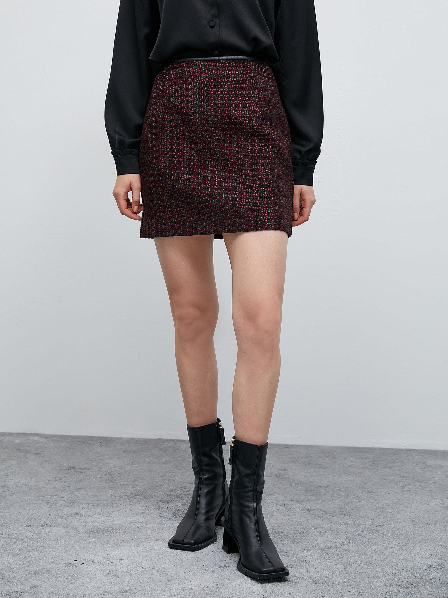 mini tweed skirt with faux leather detail