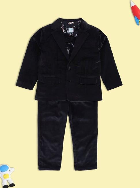 miniklub kids black printed full sleeves shirt, coat, pants with bow
