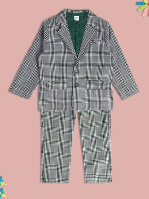 miniklub kids grey & green checks full sleeves shirt, coat with pants