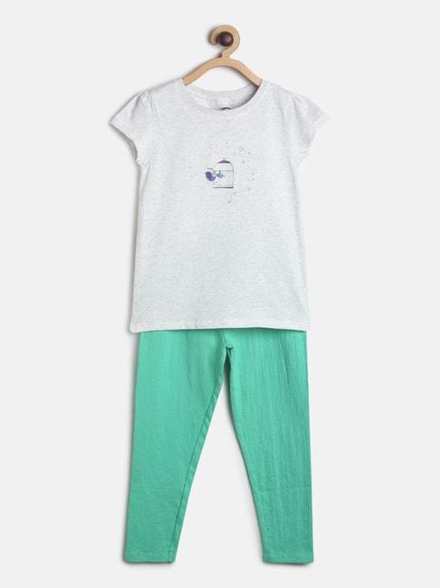 miniklub kids grey & mint green printed top with leggings