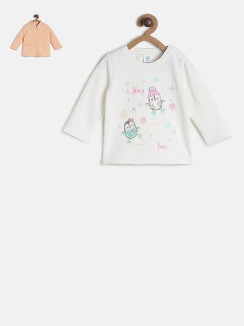 miniklub kids peach & white printed full sleeves t-shirt with jacket