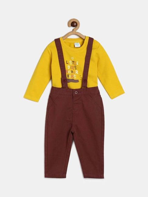 miniklub kids yellow & brown cotton printed full sleeves dungaree set