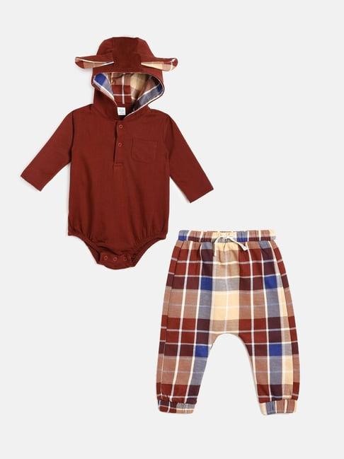 miniklub kids brown checks full sleeves bodysuit with pants