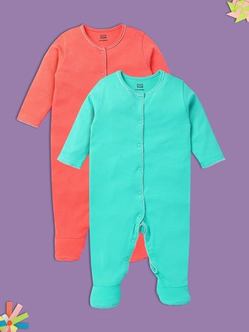 miniklub kids coral & green solid full sleeves sleepsuit (pack of 2)