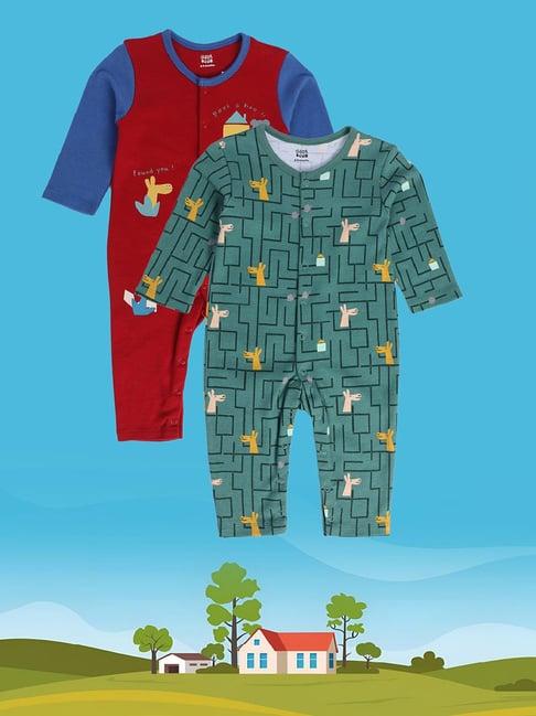 miniklub kids green & red printed full sleeves romper (pack of 2)