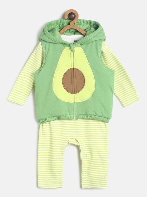 miniklub kids green & yellow printed full sleeves romper with hoodie