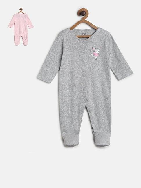 miniklub kids grey & pink printed full sleeves sleepsuit (pack of 2)