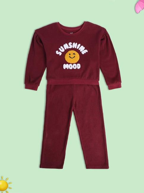 miniklub kids maroon embroidered full sleeves top with pants