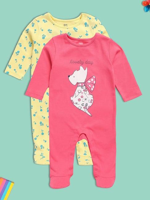 miniklub kids pink & yellow printed full sleeves sleepsuit (pack of 2)