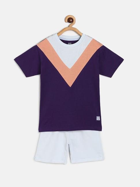 miniklub kids purple & blue color block t-shirt with shorts