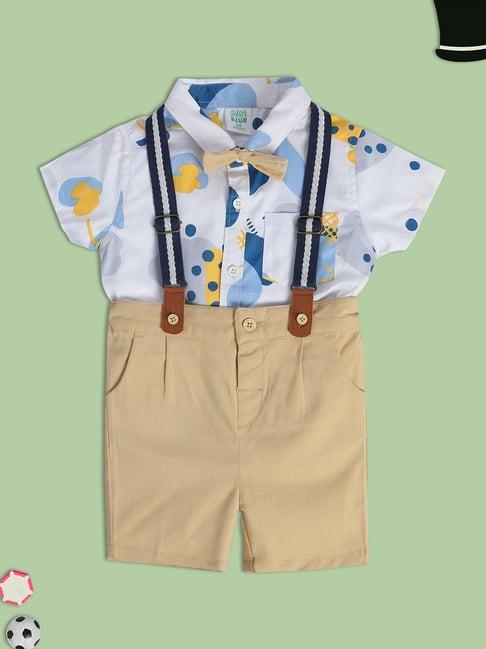 miniklub kids white & beige printed shirt, shorts, bow with suspender